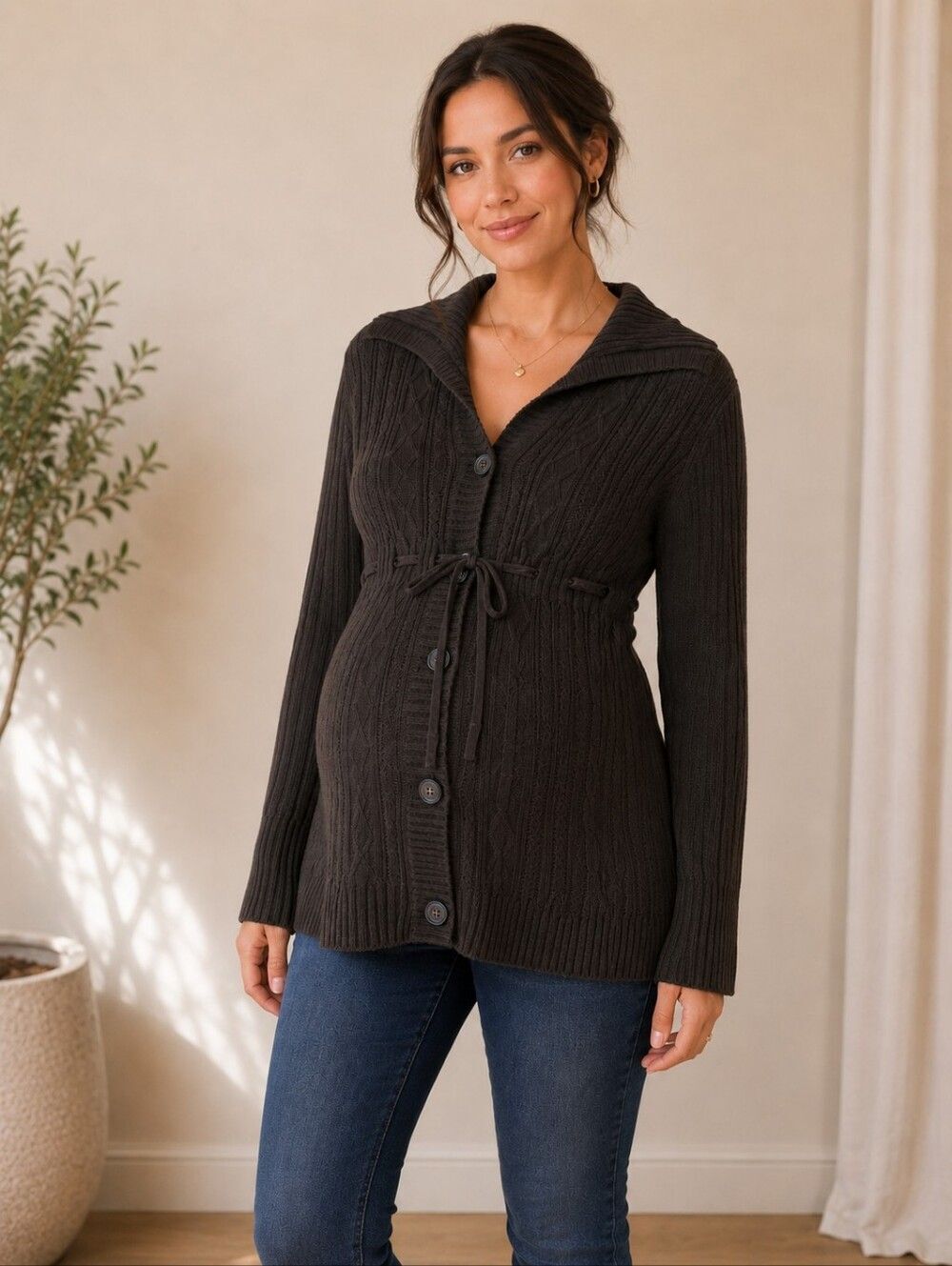 Two Hearts By Destination Maternity Dark Brown Cable Knit Cardigan Tie Belt Med